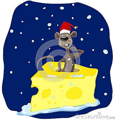 Confused funny cartoon brown rat in a red cap climbs out of a piece of cheese Stock Photo